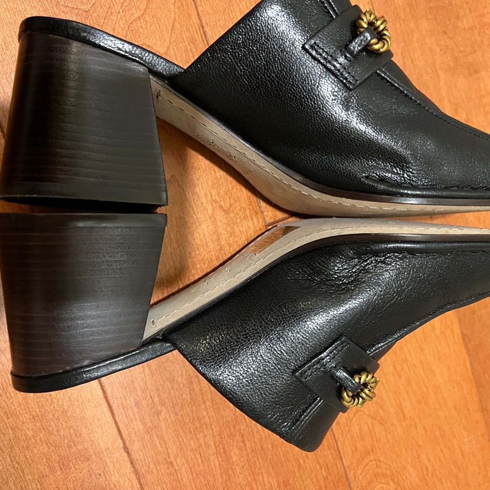 Tory Burch Black Leather Loafers with Gold and Brown Accents - Picture 3 of 3